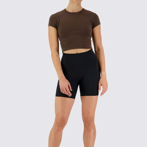 T-shirt court à col ras du cou pour femme, rembourré, compressif, en jersey, coupe ajustée, 100 % coton côtelé, haute élasticité, séchage rapide, idéal pour l'été - Product Image 4