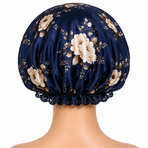 Bonnet de nuit en satin pour femmes, motif floral bleu, élastique réglable, bonnet pour cheveux, usage domestique, 54-56 cm, style européen - Product Image 4