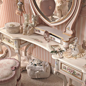 Elegant Romantic Solid Mahogany Dressing <b>Table</b> Heart <b>Mirror</b> Set Pink Floral Painted Vanity <b>Table</b> for Girls Bedroom Interior - Product Image 3