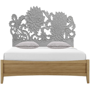 Cabecero de Cama King Size Tallado a Mano en Madera con Diseño Floral, Estilo Boho Costero, Decoración para el Hogar, Acabado Gris - Product Image 3