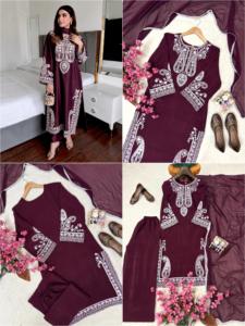 Salwar Kameez en soie Chinon bordeaux pour femmes, avec broderie, style traditionnel indien et pakistanais, coupe régulière, longueur cheville, tenue décontractée - Product Image 4