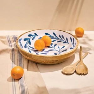 Handcrafted Wooden Decorative Serving <b>Bowl</b> with Blue Floral Print White Interior Mango Wood Salad Fruit <b>Snack</b> <b>Bowl</b> for Dining - Product Image 2