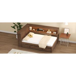 Divano letto antico in legno a grandezza naturale con ripiani portaoggetti, ricarica USB e luci LED, con letto estraibile - Product Image 6