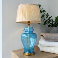 Lampu Meja Kaca Biru Kap Lampu Kain Beige Sederhana Tradisional Dekoratif Pencahayaan Ruang Tamu E27 LED AC 110V-265V Saklar