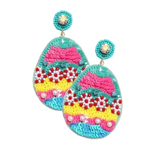 Feutre graine perlée oeuf de Pâques sequin oeuf de Pâques boucles d'oreilles pendantes Pâques perlé sequin pastel broderie boucles d'oreilles - Product Image 1