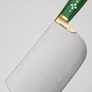 Couteau à viande robuste, lame large courbée argentée, manche riveté vert, embout doré, couteau de boucher pour la découpe de viande - Product Image 6
