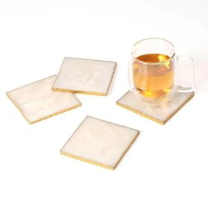 <b>Square</b> Resin Coasters <b>Set</b> with Gold Edge Modern Luxury Design Heat Resistant Oil-Proof Eco-Friendly Non-Slip for Tea & Coffee - Product Image 1