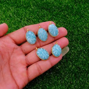 Conjunto de bisel tallado de flores de amazonita, colgantes elegantes hechos a mano, abalorios de latón de forma ovalada chapada en oro para la fabricación de joyas de moda - Product Image 2