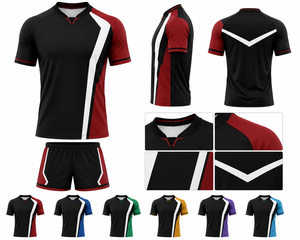Ensemble de maillots de football unisexe noir, rouge et blanc, manches courtes, col en V, respirant, anti-transpiration, uniforme sportif d'été en polyester - Product Image 6