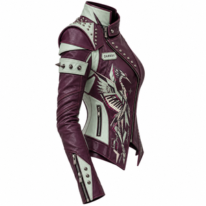 Women Burgundy Real Cowhide Leather Biker Jacket Printed <b>Crane</b> Mint Green Panel Studded Shoulder Coat OEM ODM Custom Wholesale - Product Image 3