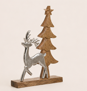 Handcrafted Silver Aluminum Reindeer With Wooden Christmas <b>Tree</b> Figurine Elegant Minimalist Xmas Centerpiece And Gift For Indoor - Product Image 5