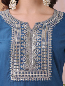 <b>Women</b> Embroidered <b>Kurta</b> Set With Trousers And Dupatta Blue Cotton Traditional Loose Fit Knee Length Casual Wear India Pakistan - Product Image 4