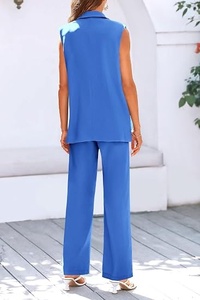 Women's Sleeveless <b>Blazer</b> <b>Set</b> Loose Fit Wide Leg Pants Two Piece Suit Casual Spring Summer Solid Color Woven Fabric - Product Image 5