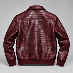 Chaqueta de Invierno Mego Industry para Hombre, con Cuello Alto, Estampado Animal, Cuero PU Grabado Color Borgoña, Estilo Urbano, Ecológica, Hecha a Mano, con Cierre de Cremallera de Lujo - Product Image 2