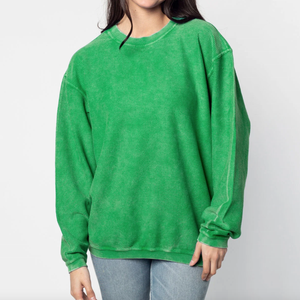 เสื้อสเวตเชิ้ตแขนยาวผ้าคอร์ดูรอยสีเขียวขนาดใหญ่ทรงโอเวอร์ไซส์สำหรับผู้ชาย สไตล์ลำลอง คอกลม สีพื้นเรียบ - Product Image 1