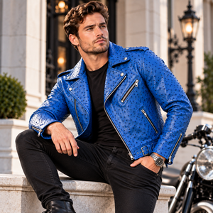 Blouson de motard en cuir d'autruche gaufré pour homme, bleu, clouté, en cuir exotique, veste de luxe pour homme - Product Image 6