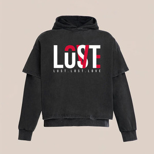 Sudadera con Capucha Corta Unisex Oversize de Algodón Negro French Terry Estilo Casual de Otoño con Diseño de Corte y Estampado de Dibujos Animados Lost Lust Lost Love - Product Image 1