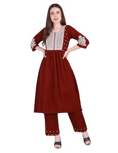 Conjunto de Kurta SAZU Maroon Nayra-Cut para Mujer en Mezcla de Algodón Suave, Kurti Bordado en Línea A, Pantalones Rectos, Conjunto Étnico Elegante - Product Image 6