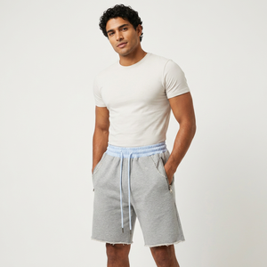 Men's Gray Cotton Bermuda <b>Shorts</b> <b>With</b> Blue Waistband Drawstring <b>Zip</b> <b>Pockets</b> Casual Loose Fit Raw Hem - Product Image 4