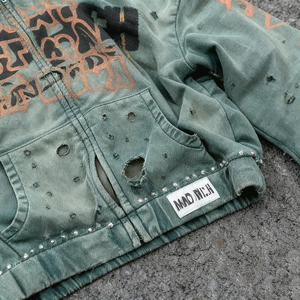 Hoodie Manufacturer Oversized Unisex Streetwear Zip Hoodie 500GSM Cotton Acid Wash White <b>Ink</b> Rhinestone - Product Image 5