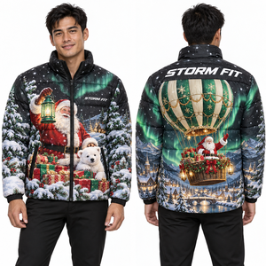 Chaqueta acolchada de invierno para hombre con sublimación de Papá Noel, cortavientos, con cremallera y cuello alto, abrigo informal, aislada y acolchada. - Product Image 6