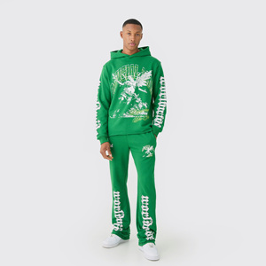 Conjunto Deportivo de Sudadera con Capucha y Pantalones Jogger de Algodón Verde, Estampado, Estilo Urbano, para Hombre, Otoño, con Bolsillos Laterales, Corte Regular, en Oferta - Product Image 1