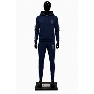 Men's Navy Blue Hooded Tracksuit Full Sleeve Solid Color Casual <b>Sweatshirt</b> And Pants Set With <b>White</b> Side Stripes And Logo Print - Product Image 1