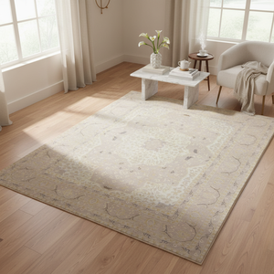 Tapis d'appoint en pure laine noué à la main - Tapis oriental de luxe à motif médaillon, à poils ras, marron, pour salon sophistiqué - Product Image 1