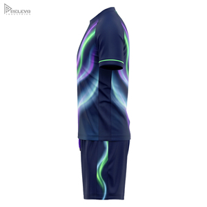 Kit de football unisexe OEM entièrement sublimé 100% polyester, col ras du cou, manches raglan, motif Ondes du Nord, uniforme de football, short bleu marine uni - Product Image 2