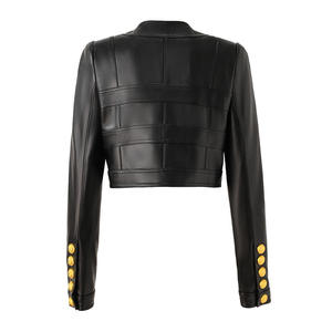 Trending 2026 Black <b>Leather</b> <b>Jacket</b> <b>Long</b> Sleeve Double Breasted Collarless Slim Fit Short Coat Biker Style Women's <b>Leather</b> <b>Jacket</b> - Product Image 2