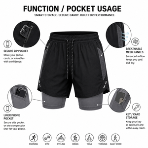 Breathable Double <b>Layer</b> Shorts for Men Reflective Trim and Drawstring Waistband Ideal for Night Running and Training Sessions - Product Image 2