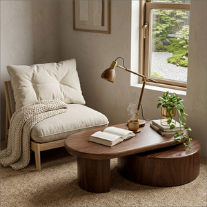 Modern Solid Suar Wood Contemporary Oval Nesting Coffee <b>Table</b> High Quality <b>Walnut</b> Finish Rotating Swivel Living Room Brand - Product Image 4