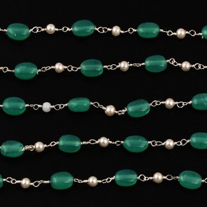 Chaîne de chapelet en perles d'aventurine verte hydro-pearlées Lakshya Enterprises, 6x8mm, plaqué argent, vente en gros, rouleaux de perles ovales, modèle - Product Image 2