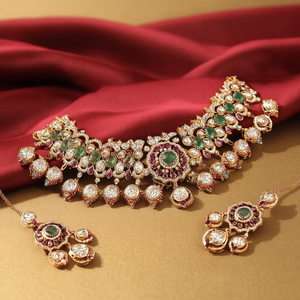 Ensemble de colliers ras du cou de style ethnique de créateur avec pierres Polki Kundan, chaînes dorées ornées de perles, diamants et zircons - Idéal pour mariages et fêtes - Product Image 3