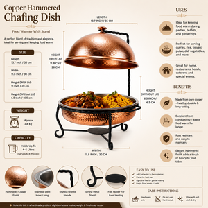 Hammered <b>Copper</b> Hanging Chafing Dish Buffet Food Warmer with Dome Lid Hotel Catering Restaurant OEM ODM Manufacturer - Product Image 6