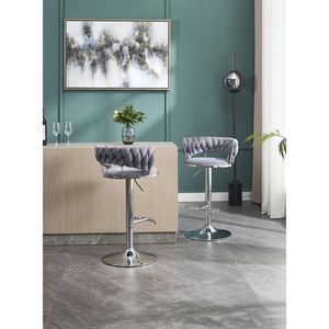 Set of 2 Swivel Height <b>Adjustable</b> Bar <b>Stools</b> with Chrome Footrest Base Velvet Top Simple Bar <b>Stool</b> Mechanical Lifting Mechanism - Product Image 3