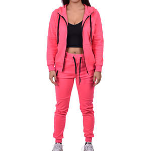 Ensemble de survêtement en molleton technique pour femme, couleur rose néon, 2 pièces, sweat-shirt à capuche à fermeture éclair à manches longues et pantalon de survêtement - Product Image 4