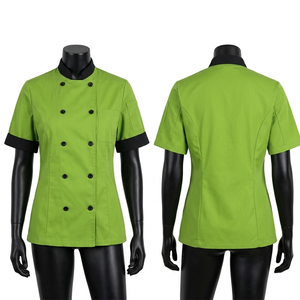Women Chef Coat 220 GSM Breathable Poly Cotton <b>Lime</b> <b>Green</b> Black Collar Short Sleeve Embroidered Kitchen Uniform Hotel Catering - Product Image 1