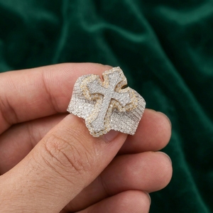 Iced Cross <b>Ring</b> VVS1 Moissanite 925 <b>Sterling</b> <b>Silver</b> Rhodium Plated Prong <b>Set</b> Hip Hop Statement RCK Global Band Unisex Jewelry - Product Image 2