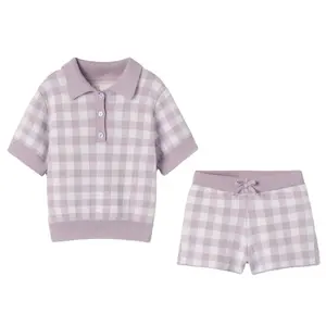 New Wholesale Check Style Girls Twin Sets Kids Outfits / Girls Short Sleeves Knitted Polo T shirt And Short Set