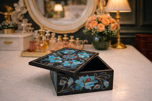 Boîte à bijoux de luxe écologique moderne en marbre noir avec incrustation turquoise, boîte de rangement artisanale en pierres semi-précieuses - Product Image 4