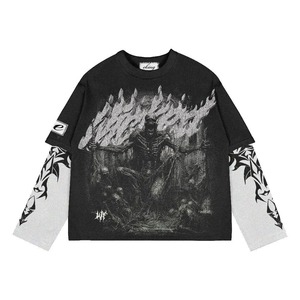 High Quality Double Layer 100% Cotton <b>Polyester</b>/Cotton Oversized Long Sleeve Custom Printed Dtg T-Shirt Streetwear Distressed - Product Image 1
