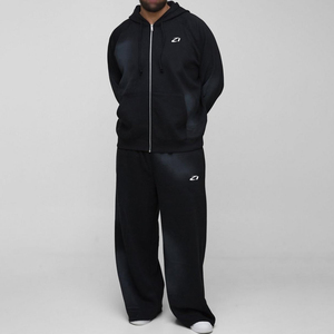Private <b>Label</b> Men's Full Zip Hoodies Tracksuit Heavyweight Cotton Fleece Wide Leg Sweatpants Washed Finish Streetwear Supplier - Product Image 1