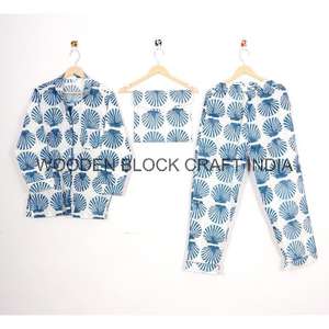 Conjunto de pijama de algodón con estampado de bloque de mano indio para mujer, ropa de salón con patrón de concha marina, ropa de dormir Sexy de talla grande, pijama con estampado de bloque - Product Image 1