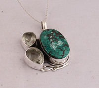 Pendentif en turquoise tibétaine naturelle serti de pierres, en argent sterling 925, vente en gros, pierre précieuse authentique en turquoise matricielle, 18 pouces