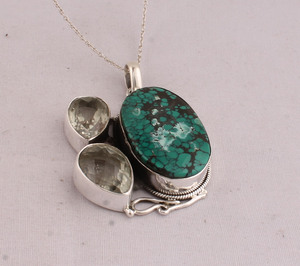 Pendentif en turquoise tibétaine naturelle serti de pierres, en argent sterling 925, vente en gros, pierre précieuse authentique en turquoise matricielle, 18 pouces - Product Image 6