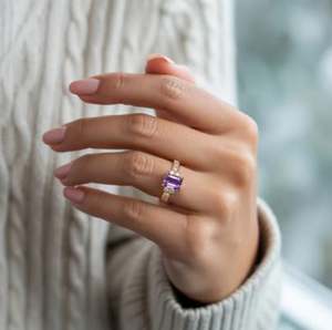 <b>Emerald</b> Cut Amethyst Moissanite Prong Setting 14k Gold Plated Sterling <b>Silver</b> Vintage Engagement Wedding Party Anniversary <b>Ring</b> - Product Image 4