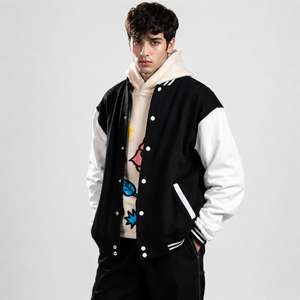 Vintage Knitted Fleece Varsity <b>Jacket</b> Polyester/Cotton Black <b>White</b> Contrast Color Letter Silk Screen Printed Button Closure <b>Men</b> - Product Image 1