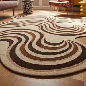 Abstract Wavy Area Rug Retro Modern Cream <b>Brown</b> <b>Wool</b> Carpet Irregular Shape Hand Tufted Living Room Bedroom Statement Floor Rug - Product Image 5
