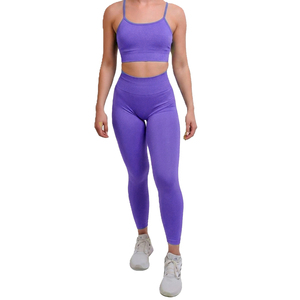 Ensemble soutien-gorge de sport et leggings pour femme, violet uni, tricoté, en Spandex et Polyester, extensible, respirant, séchage rapide, taille haute, longueur intégrale - Product Image 2